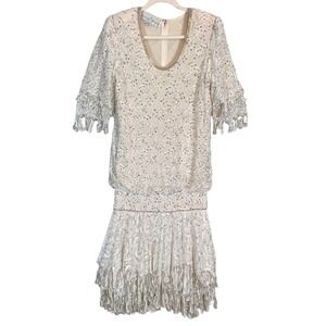 Lillie Rubin Beaded Fringe Dress L 80s Formal Gatsby Deco Sequin Vintage Gown